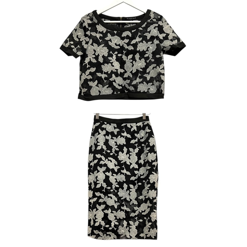 Blush Noir Skirt Set Women S Black Gray Floral Mesh Crop Top Midi Skirt Feminine
